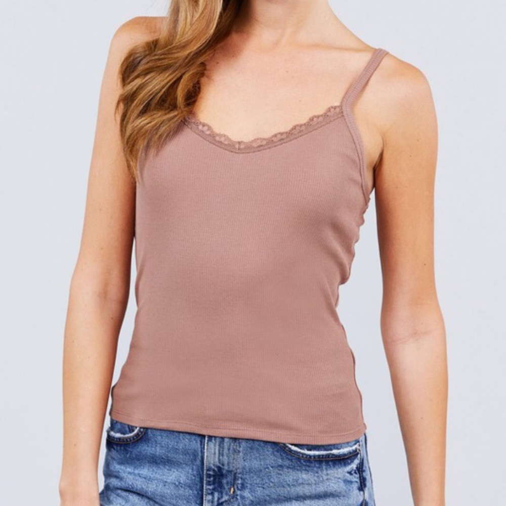 New Cami Top Lace Trim V-Neck Ribbed Knit Camisole